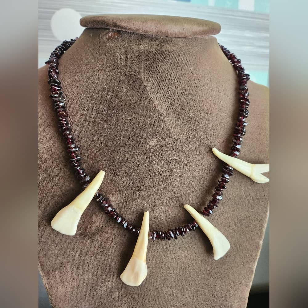 Garnet Beaded Tooth Tribal Style Necklace