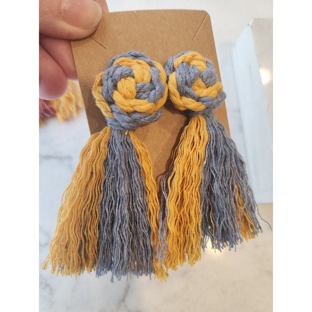 Macrame Pinwheel Fringe Tassel Statement Earrings Multi Color Mustard and Cobalt - Thumbnail 9