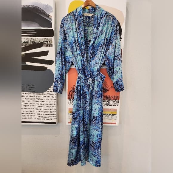 Vintage Victoria's Secret 1990s Blue Mosaic Patterned Long Polyester Type Robe - Thumbnail 15