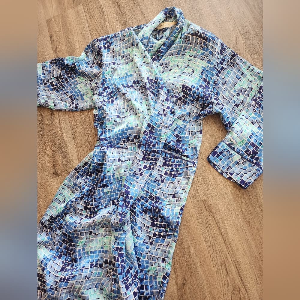 Vintage Victoria's Secret 1990s Blue Mosaic Patterned Long Polyester Type Robe - Thumbnail 7