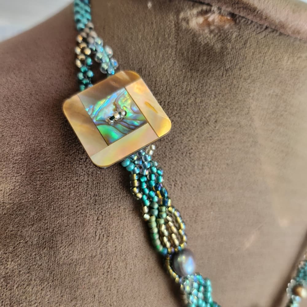 Handcrafted Beaded Necklace with Pearl Crystal and Shell Accents - Thumbnail 6