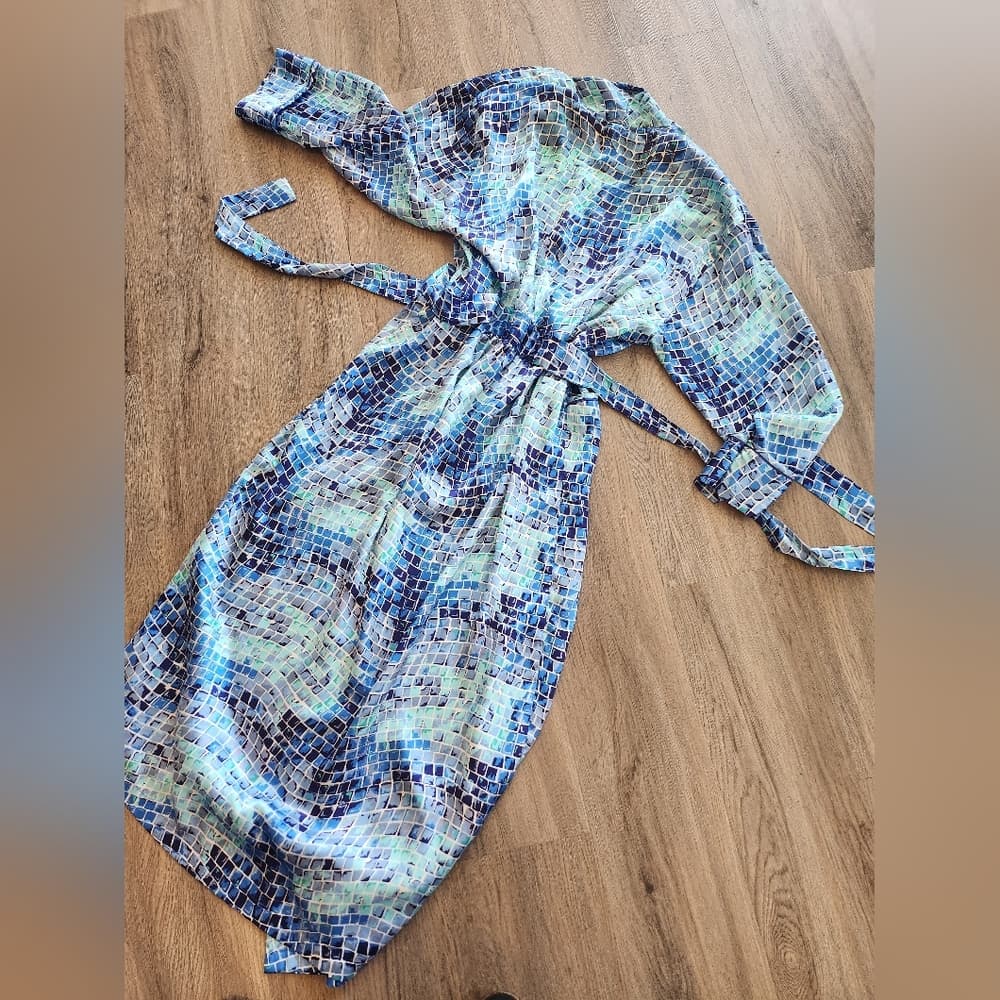 Vintage Victoria's Secret 1990s Blue Mosaic Patterned Long Polyester Type Robe - Thumbnail 3