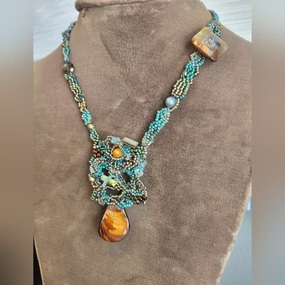 Handcrafted Beaded Necklace with Pearl Crystal and Shell Accents - Thumbnail 9