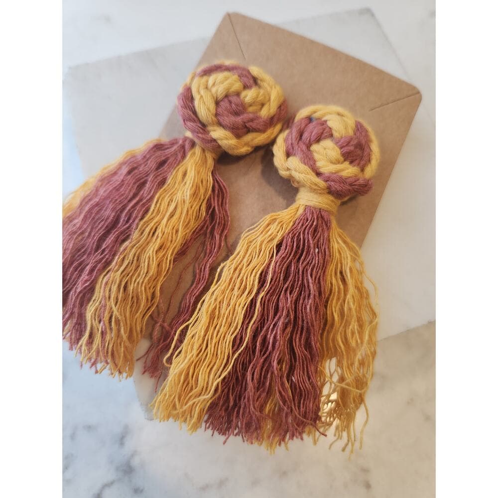 Macrame Pinwheel Fringe Tassel Statement Earrings Multi Color Mustard and Cobalt - Thumbnail 6
