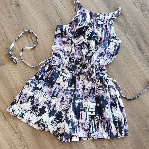 Fire Los Angeles Purple White Cotton Belted Shorts Romper - Thumbnail 12