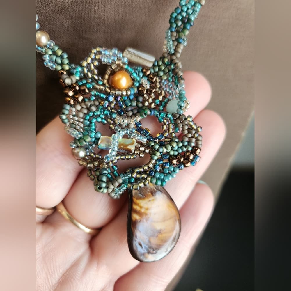 Handcrafted Beaded Necklace with Pearl Crystal and Shell Accents - Thumbnail 2