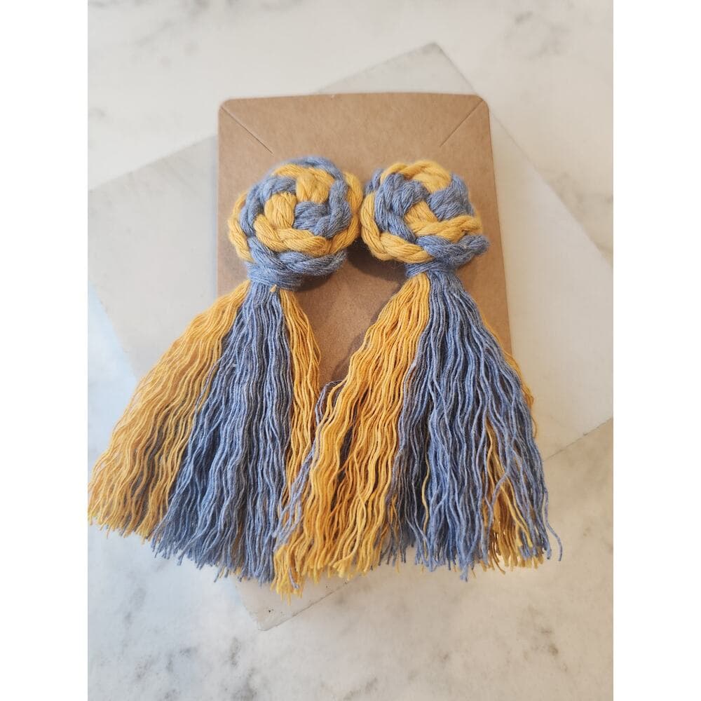 Macrame Pinwheel Fringe Tassel Statement Earrings Multi Color Mustard and Cobalt - Thumbnail 5