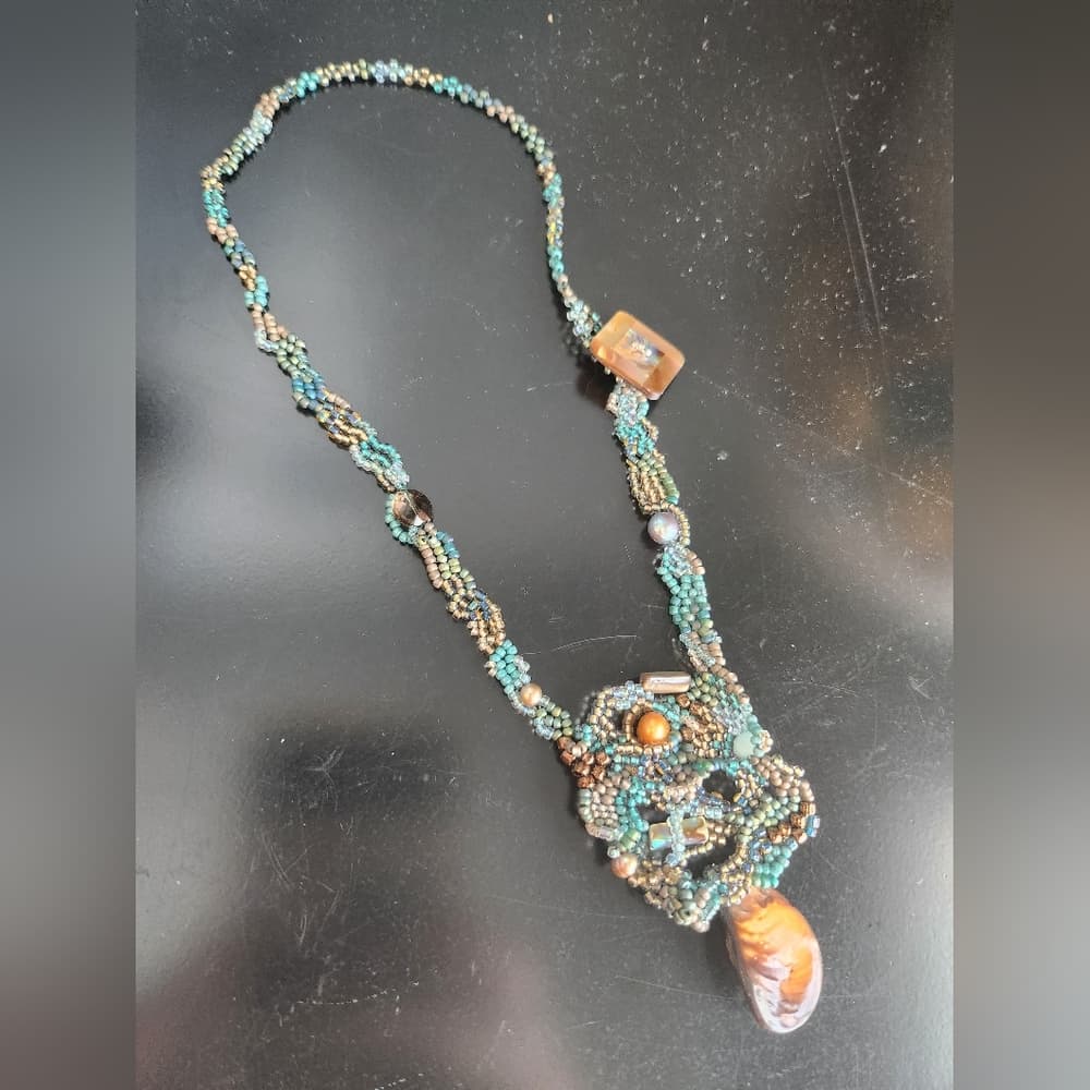 Handcrafted Beaded Necklace with Pearl Crystal and Shell Accents - Thumbnail 4