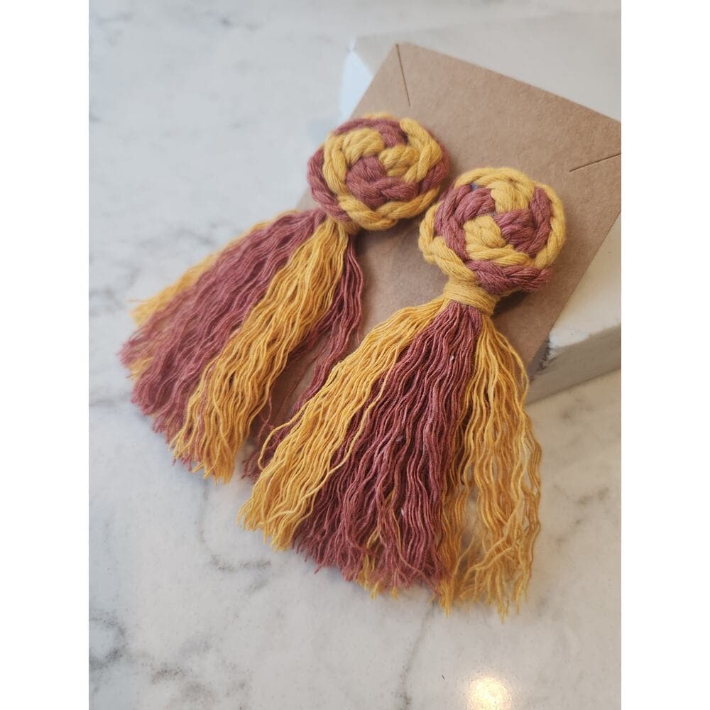 Macrame Pinwheel Fringe Tassel Statement Earrings Multi Color Mustard and Cobalt - Thumbnail 7