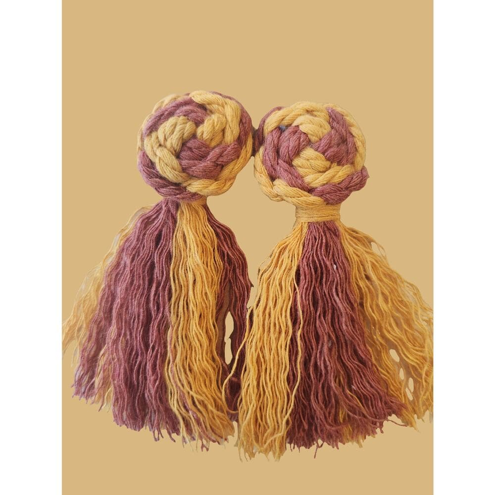 Macrame Pinwheel Fringe Tassel Statement Earrings Multi Color Mustard and Cobalt - Thumbnail 2