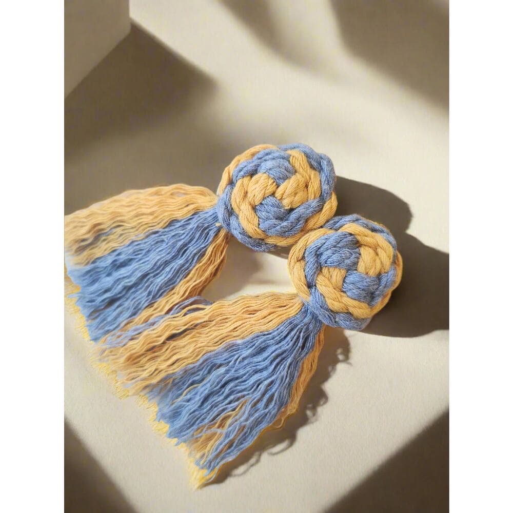 Macrame Pinwheel Fringe Tassel Statement Earrings Multi Color Mustard and Cobalt - Thumbnail 10