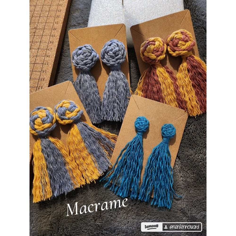 Macrame Pinwheel Fringe Tassel Statement Earrings Multi Color Mustard and Cobalt - Thumbnail 3