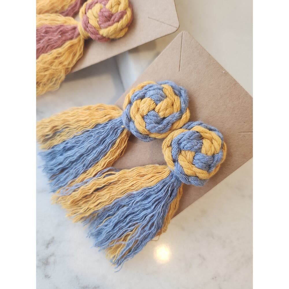 Macrame Pinwheel Fringe Tassel Statement Earrings Multi Color Mustard and Cobalt - Thumbnail 4