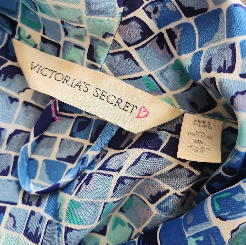 Vintage Victoria's Secret 1990s Blue Mosaic Patterned Long Polyester Type Robe - Thumbnail 8