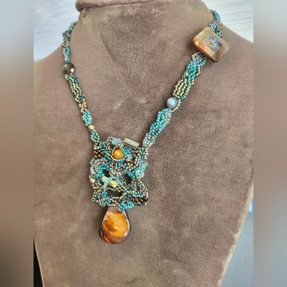 Handcrafted Beaded Necklace with Pearl Crystal and Shell Accents - Thumbnail 8