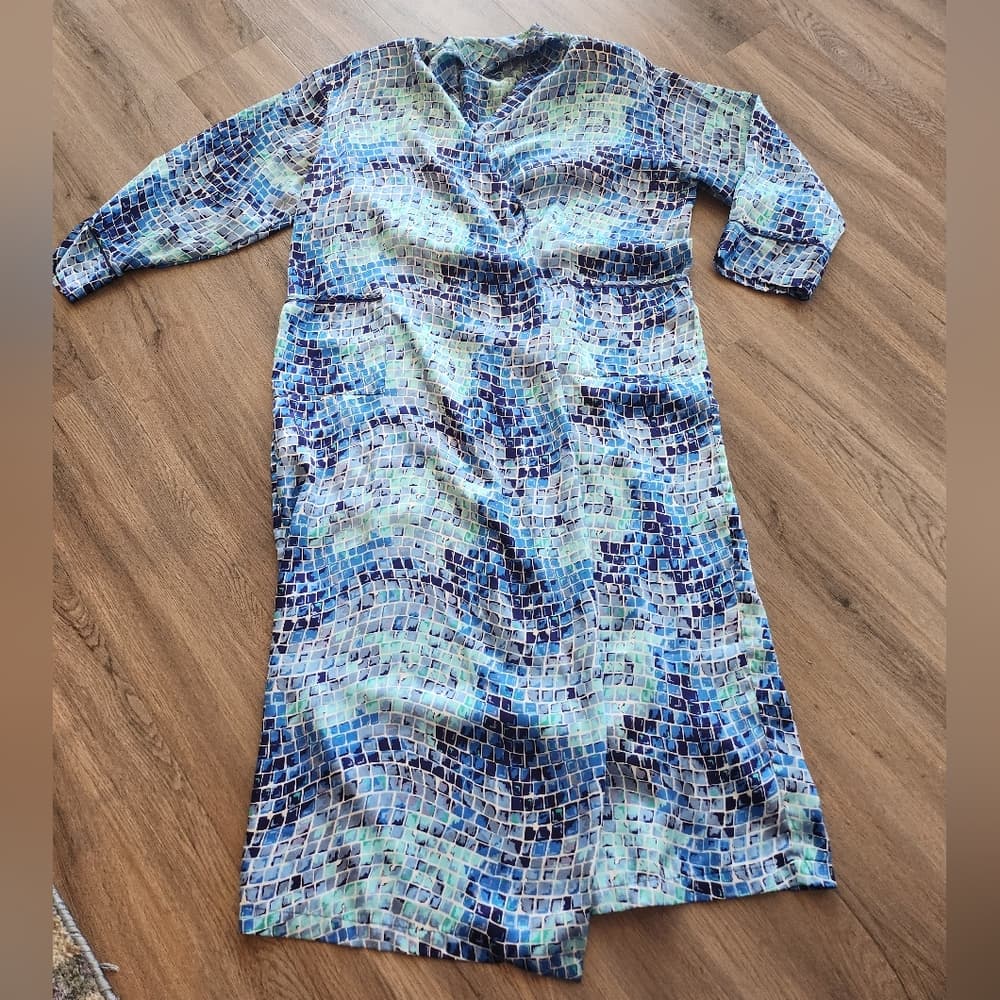 Vintage Victoria's Secret 1990s Blue Mosaic Patterned Long Polyester Type Robe - Thumbnail 4