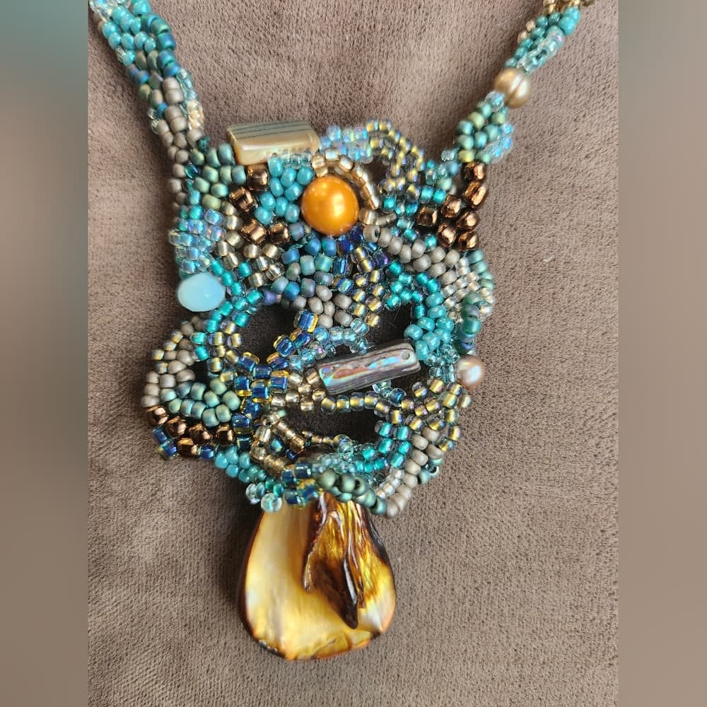 Handcrafted Beaded Necklace with Pearl Crystal and Shell Accents - Thumbnail 3