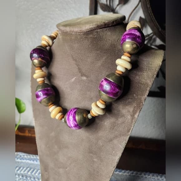Vintage Chunky Purple And Terra Cotta Shell Bone Beaded Necklace - Thumbnail 14