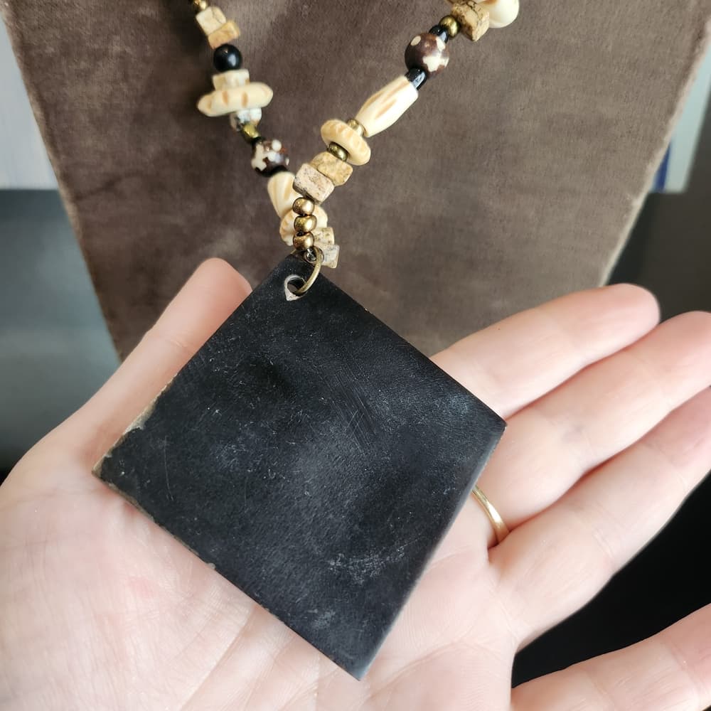 Artisan Style Black Acrylic Wood And Bone Statement Necklace - Thumbnail 3