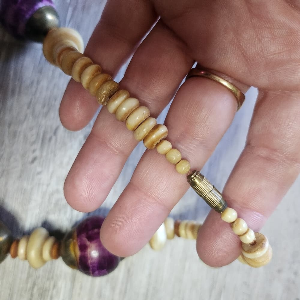 Vintage Chunky Purple And Terra Cotta Shell Bone Beaded Necklace - Thumbnail 5