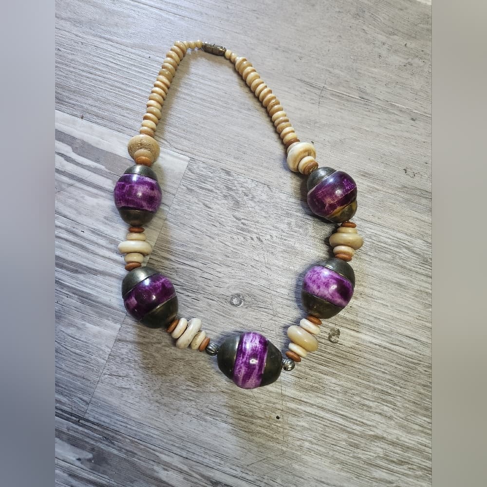 Vintage Chunky Purple And Terra Cotta Shell Bone Beaded Necklace - Thumbnail 3