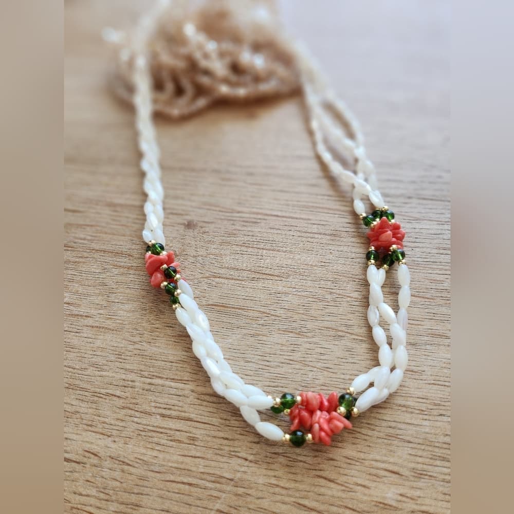 Elegant Mother Of Pearl and Coral Beaded Multi Strand Necklace - Thumbnail 7
