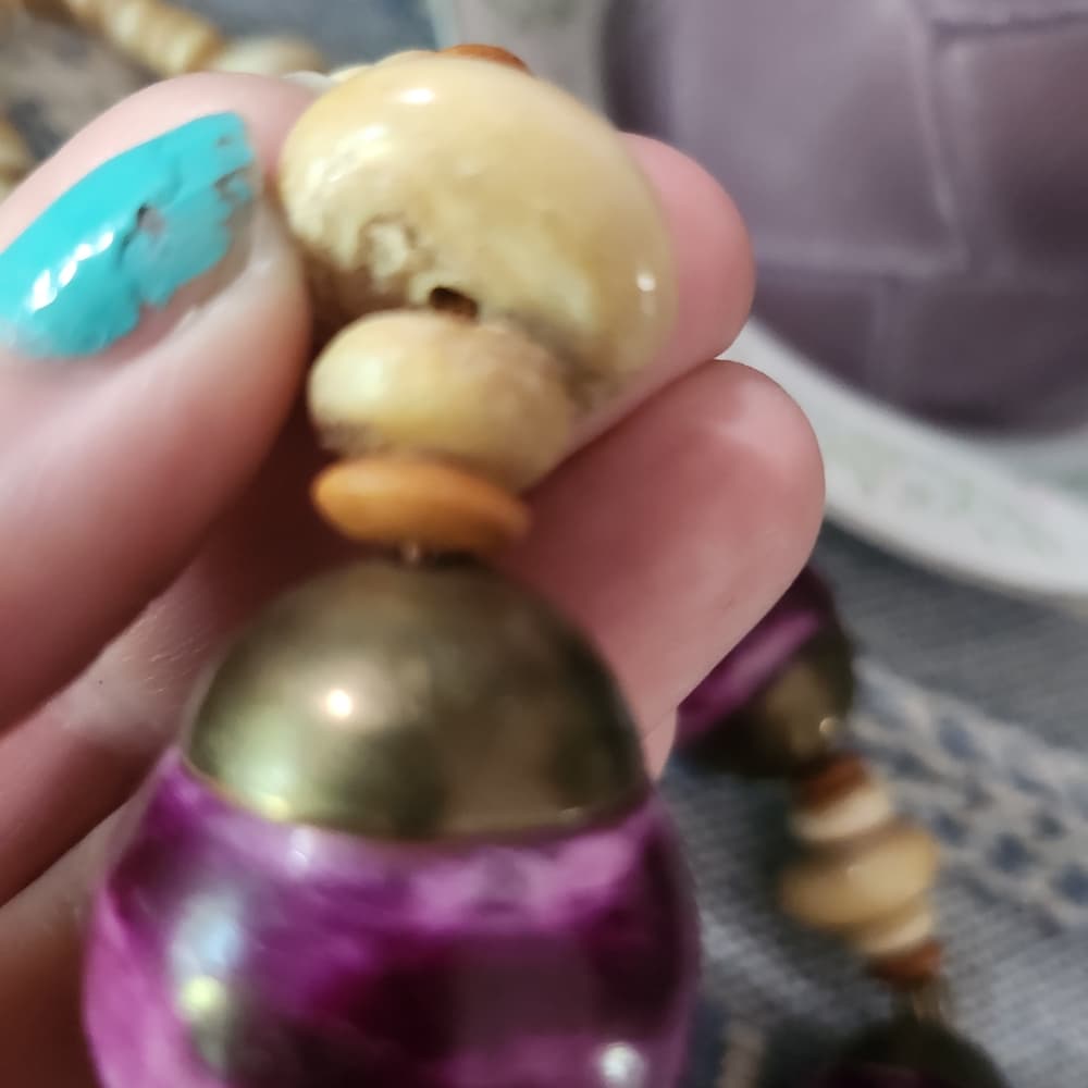Vintage Chunky Purple And Terra Cotta Shell Bone Beaded Necklace - Thumbnail 12