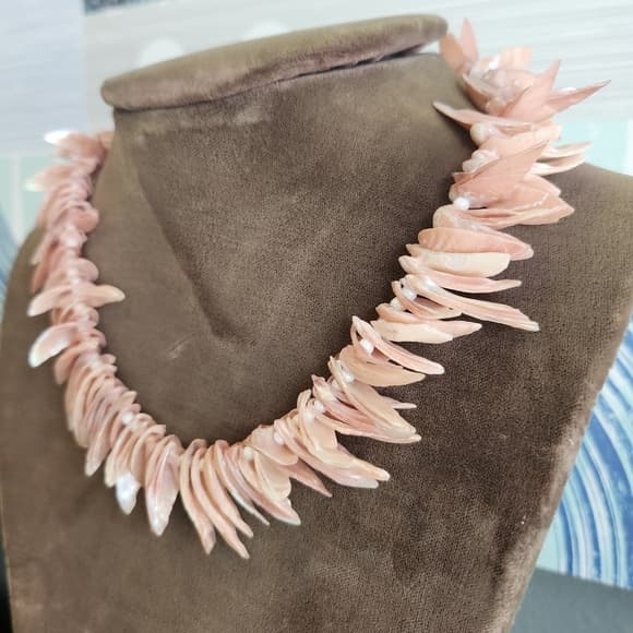 Vintage Creamy Pink Shell Fringe Choker Necklace With Beads - Thumbnail 8
