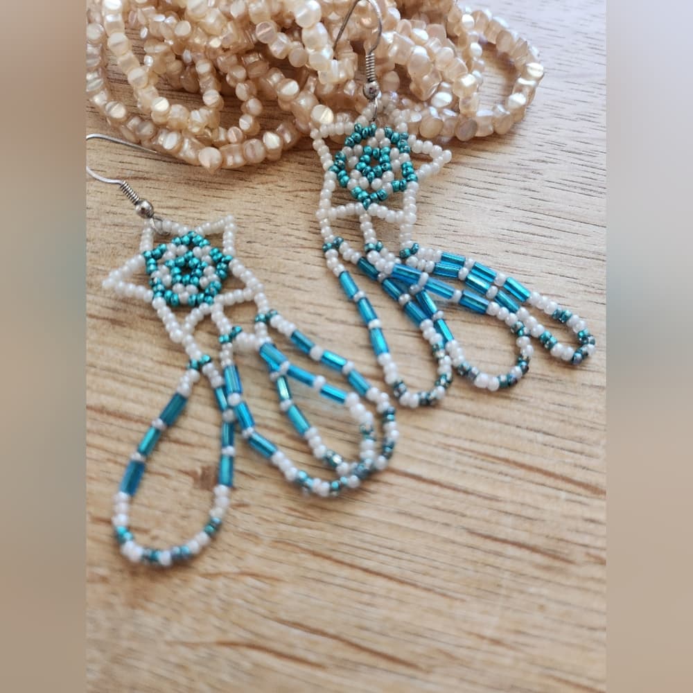 Chic Beaded Star Dangle Earrings with Turquoise and Pearl Color Details - Thumbnail 4