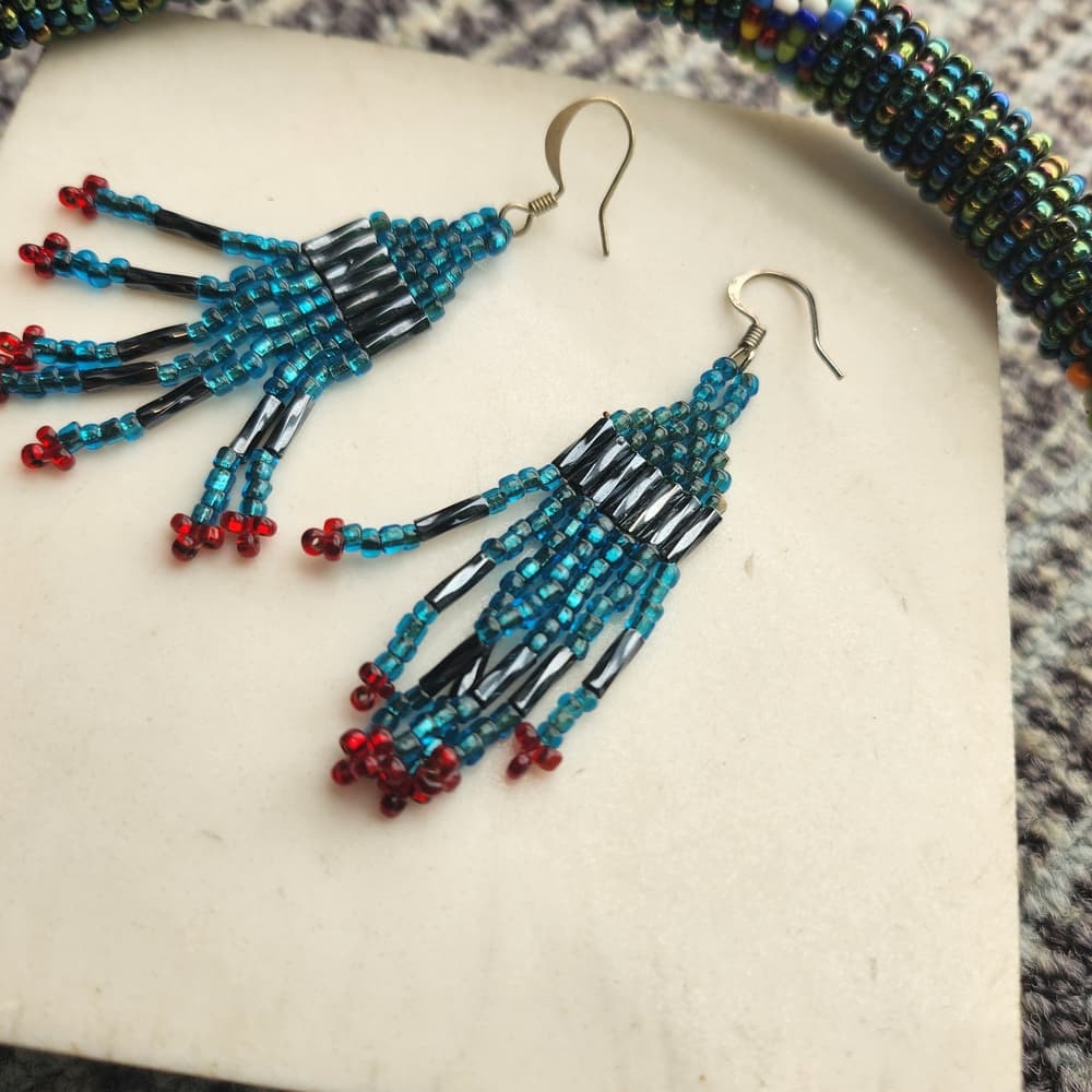Beaded Fringe Earrings in Blue and Red And Oil Slick Black - Thumbnail 6