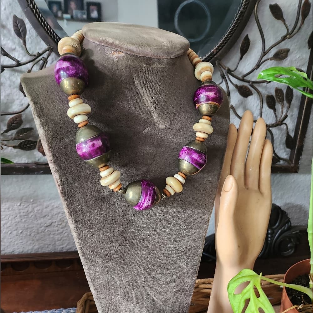 Vintage Chunky Purple And Terra Cotta Shell Bone Beaded Necklace - Thumbnail 2