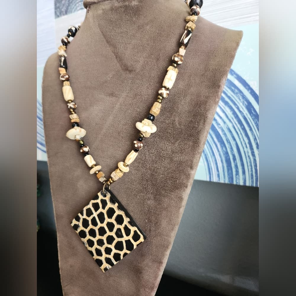Artisan Style Black Acrylic Wood And Bone Statement Necklace