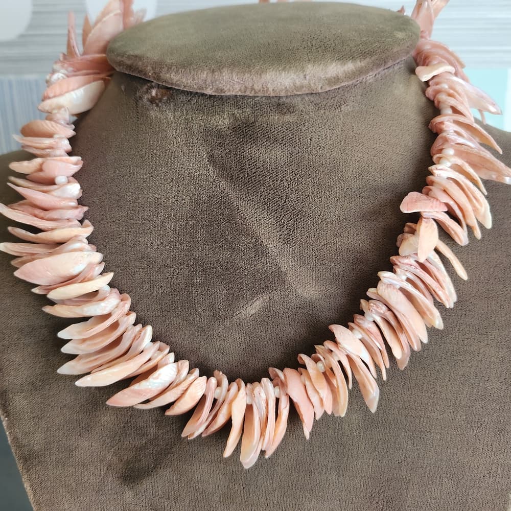 Vintage Creamy Pink Shell Fringe Choker Necklace With Beads - Thumbnail 4