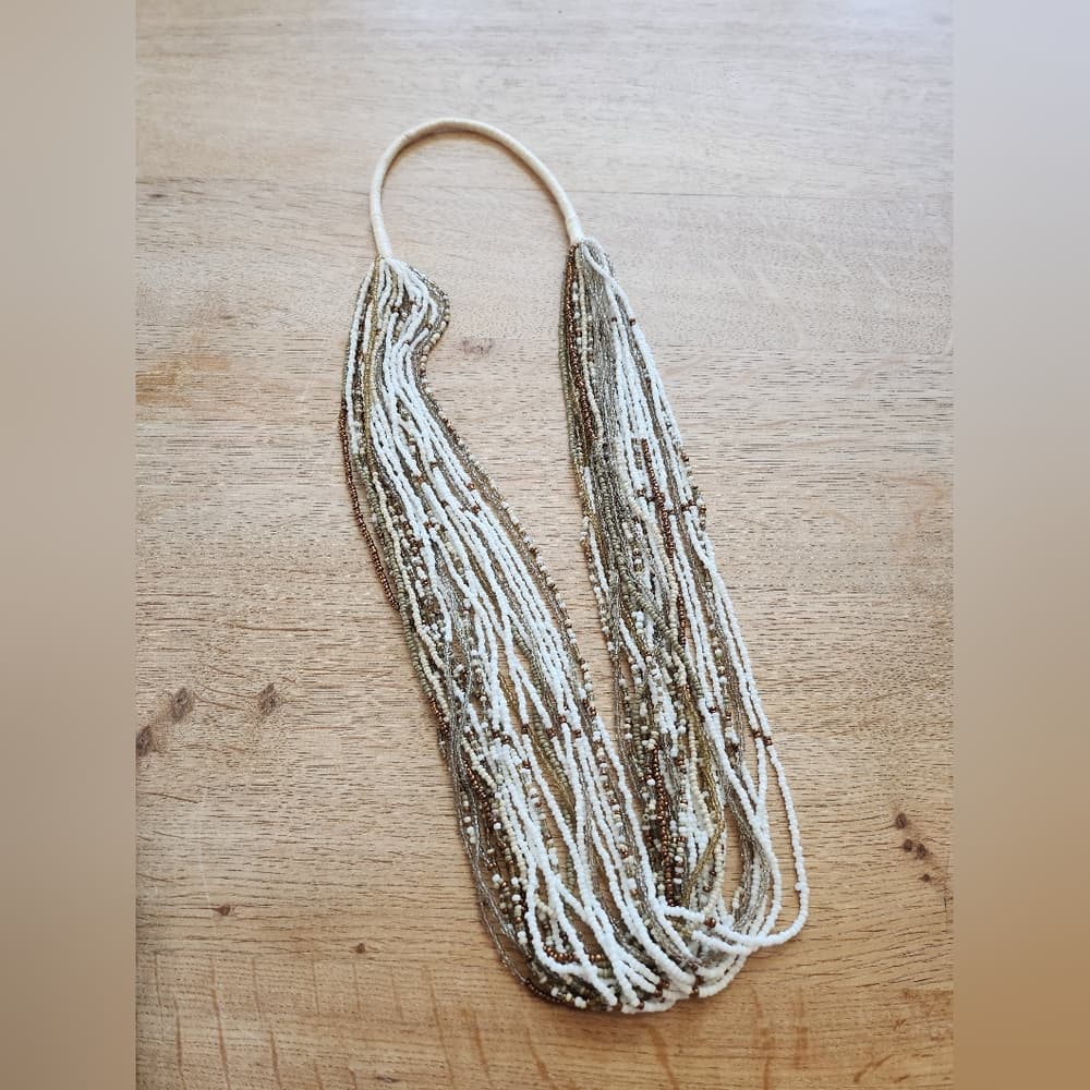 Elegant Multi-Strand Layered White And Copper Beaded Necklace