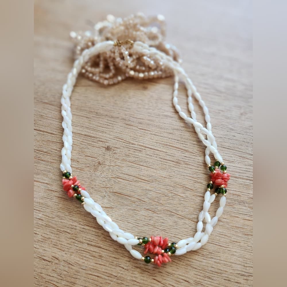Elegant Mother Of Pearl and Coral Beaded Multi Strand Necklace
