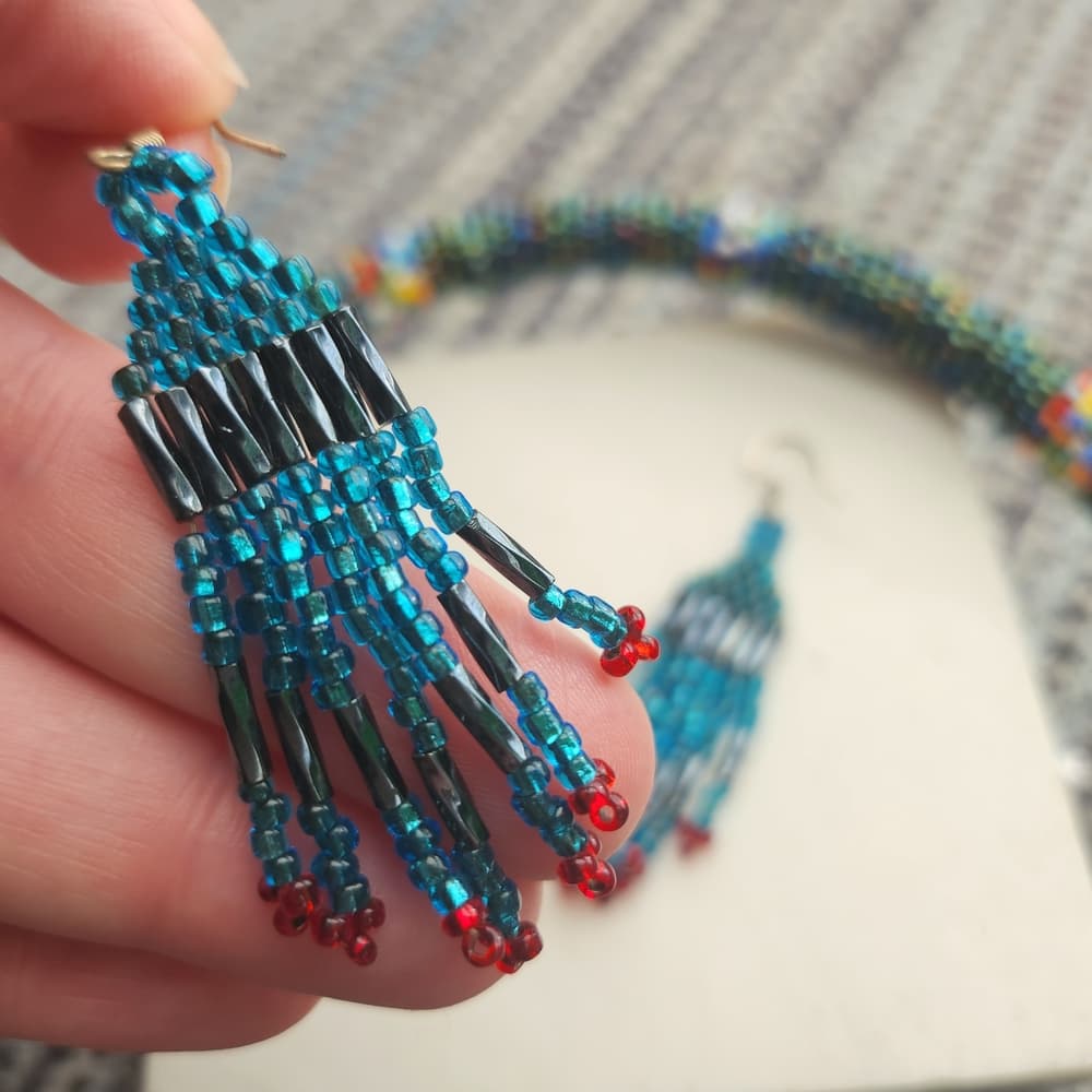 Beaded Fringe Earrings in Blue and Red And Oil Slick Black - Thumbnail 2