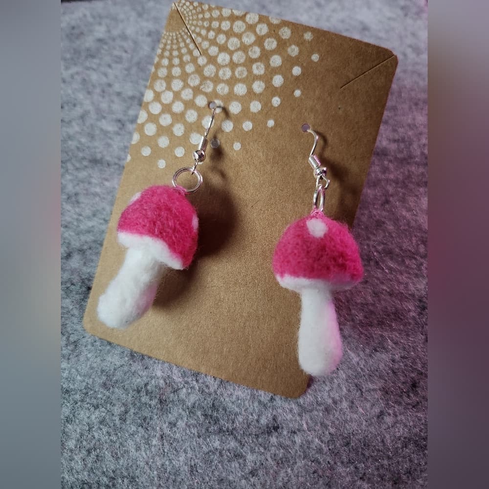 Vibrant Pink and White Polka Dot Needlefelted Handmade Mushroom Earrings - Thumbnail 8