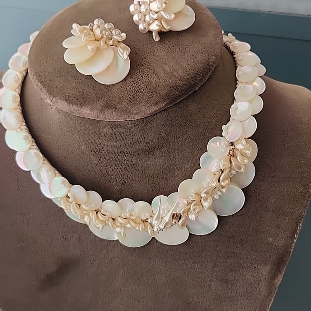 Rare Vintage 1920s Mother Of Pearl Corded Choker with Love Bird and Earrings