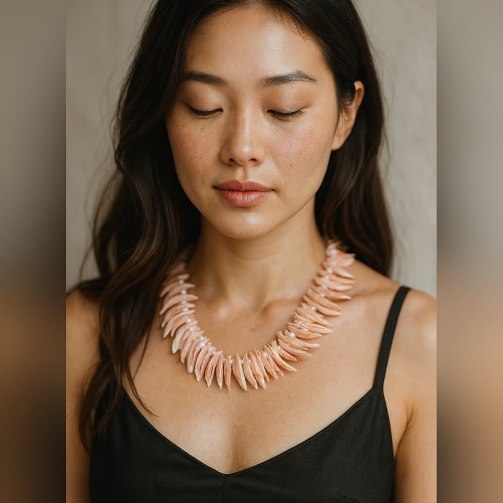 Vintage Creamy Pink Shell Fringe Choker Necklace With Beads - Thumbnail 6