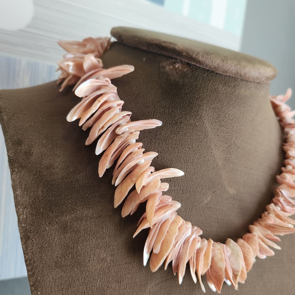 Vintage Creamy Pink Shell Fringe Choker Necklace With Beads - Thumbnail 2