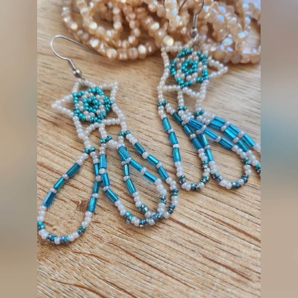 Chic Beaded Star Dangle Earrings with Turquoise and Pearl Color Details - Thumbnail 3
