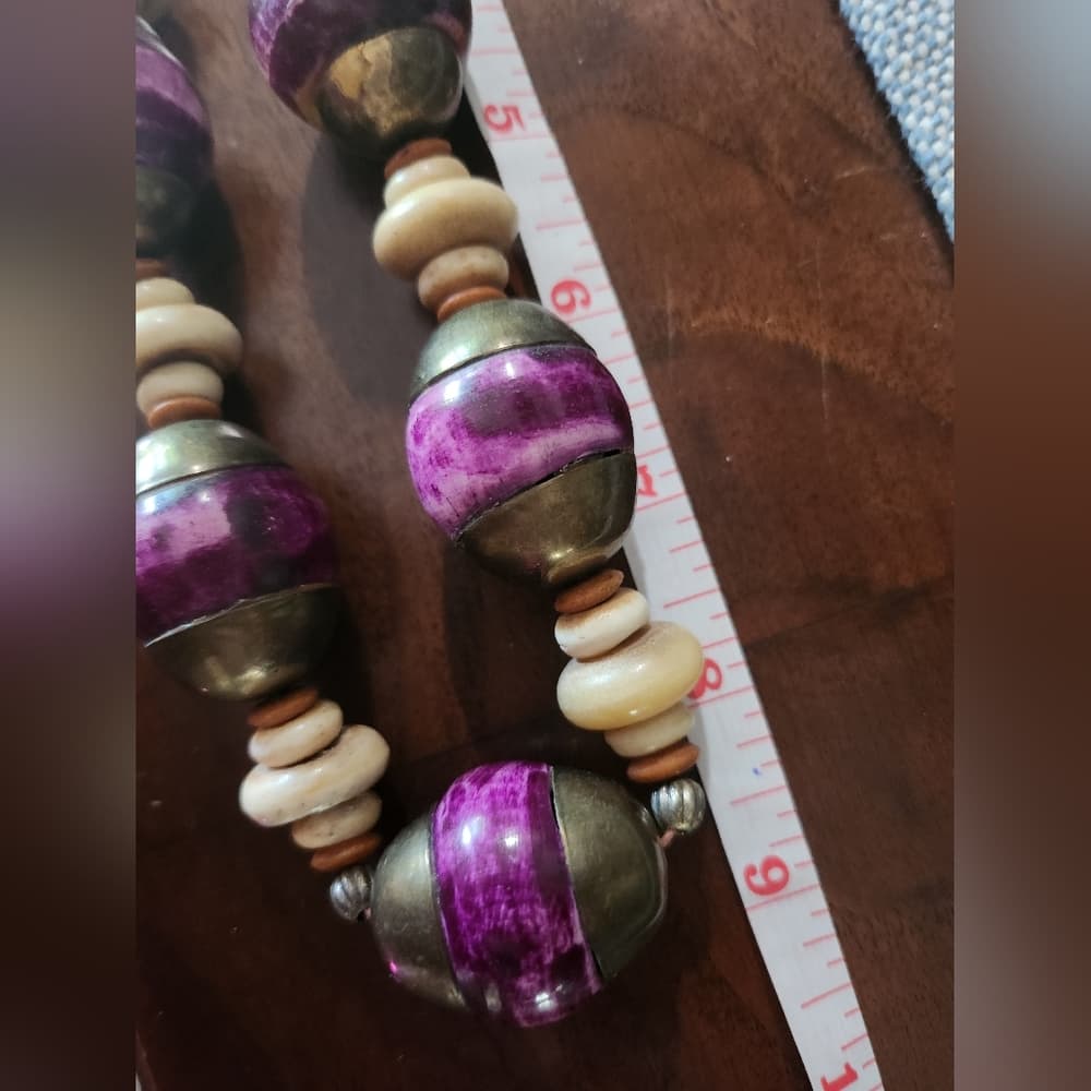 Vintage Chunky Purple And Terra Cotta Shell Bone Beaded Necklace - Thumbnail 10
