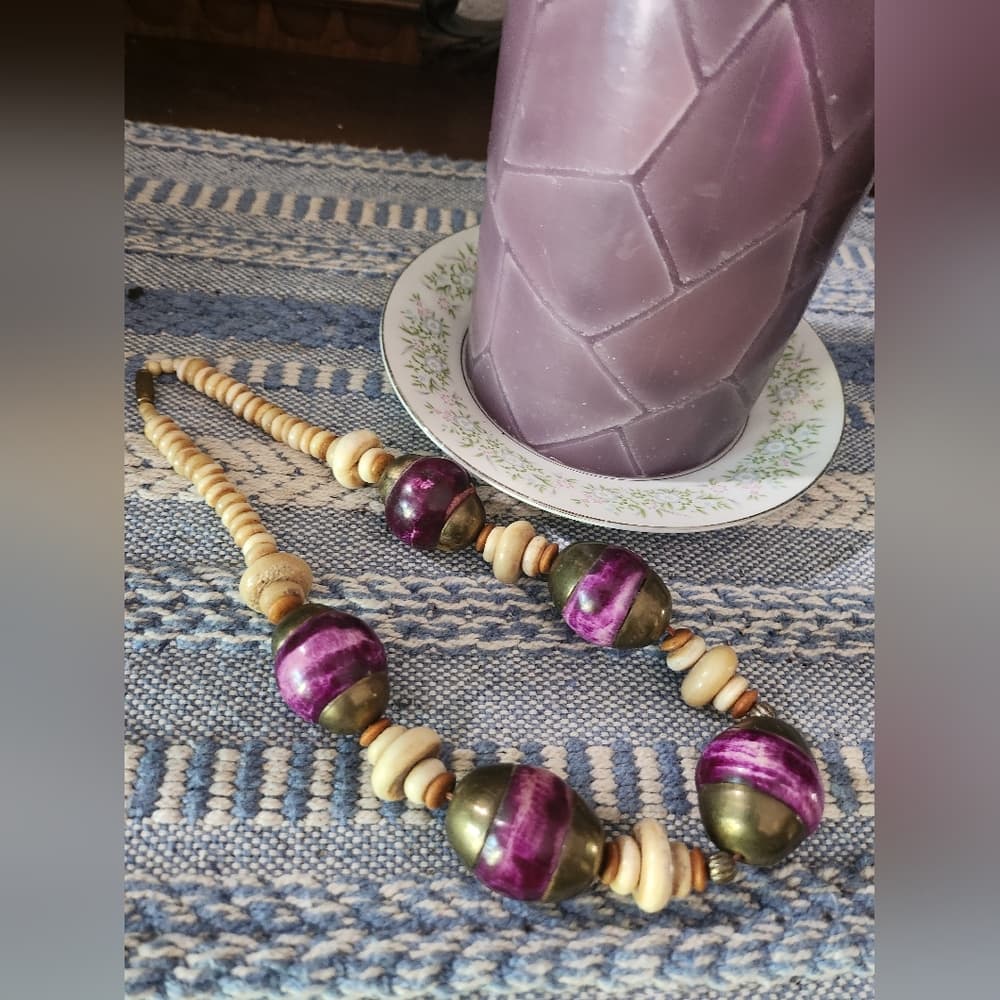 Vintage Chunky Purple And Terra Cotta Shell Bone Beaded Necklace - Thumbnail 11