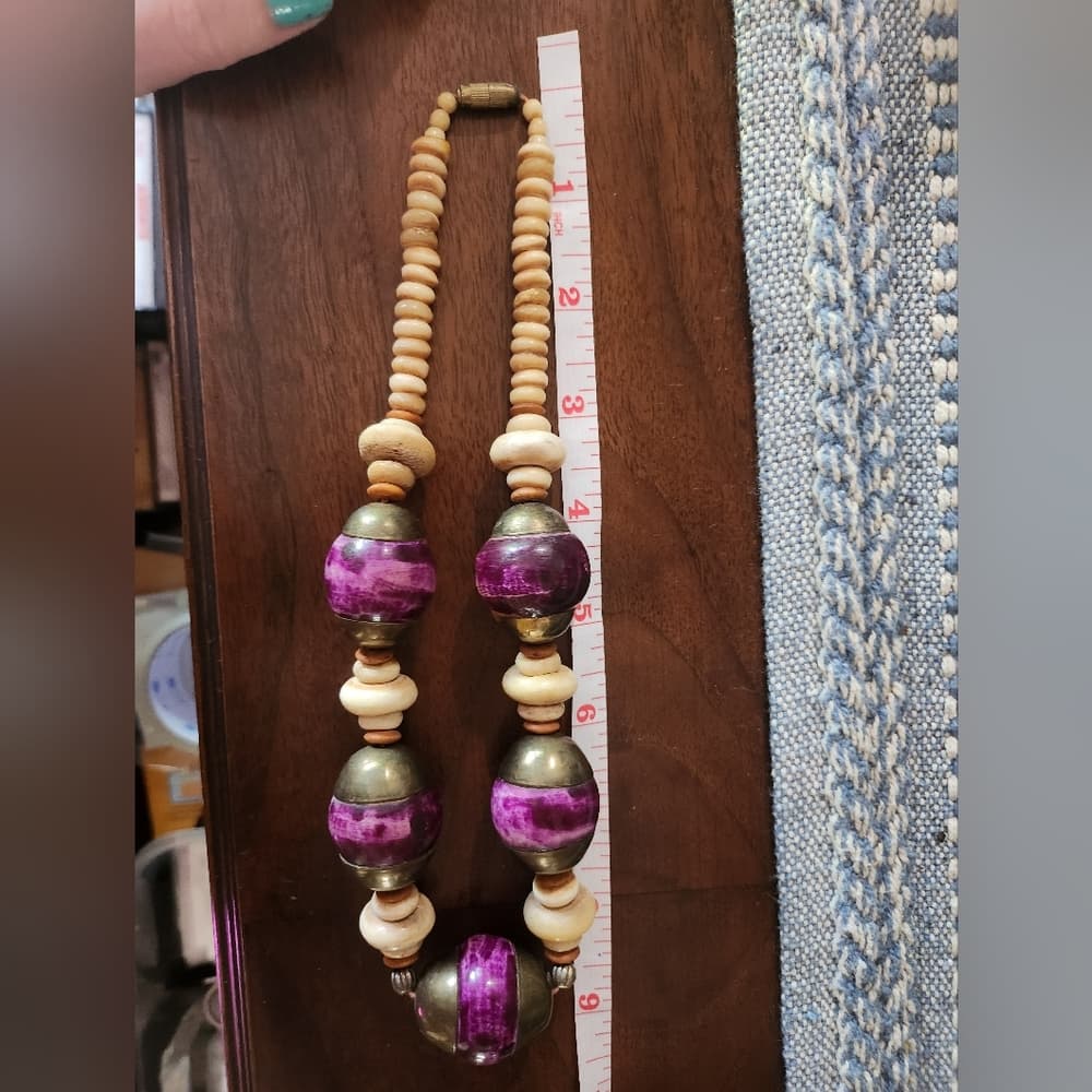 Vintage Chunky Purple And Terra Cotta Shell Bone Beaded Necklace - Thumbnail 9