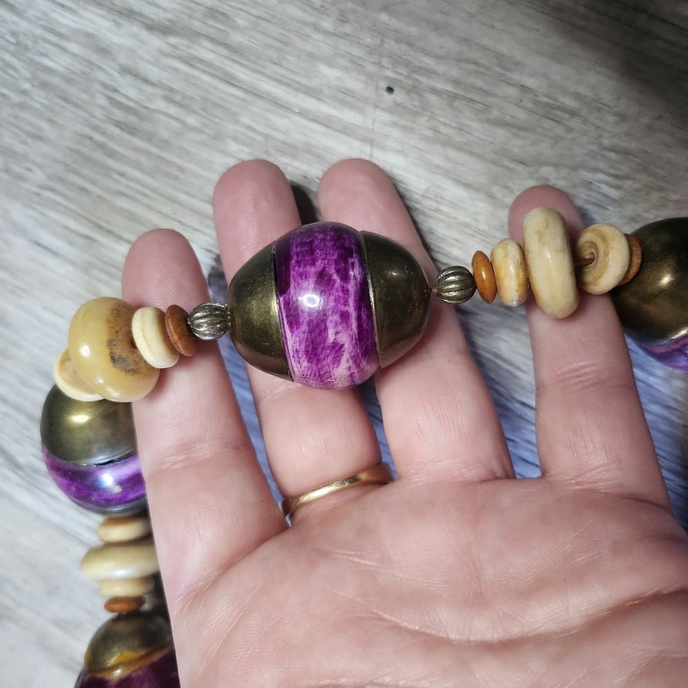 Vintage Chunky Purple And Terra Cotta Shell Bone Beaded Necklace - Thumbnail 7