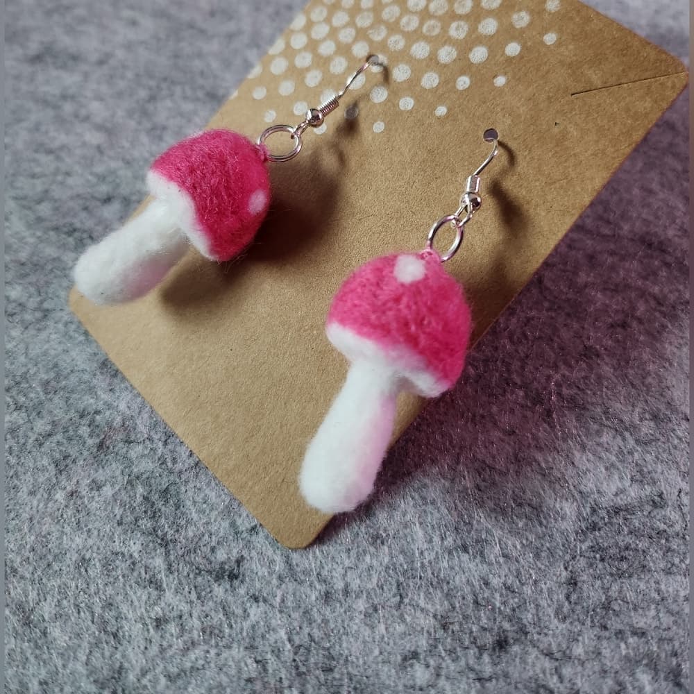 Vibrant Pink and White Polka Dot Needlefelted Handmade Mushroom Earrings - Thumbnail 2