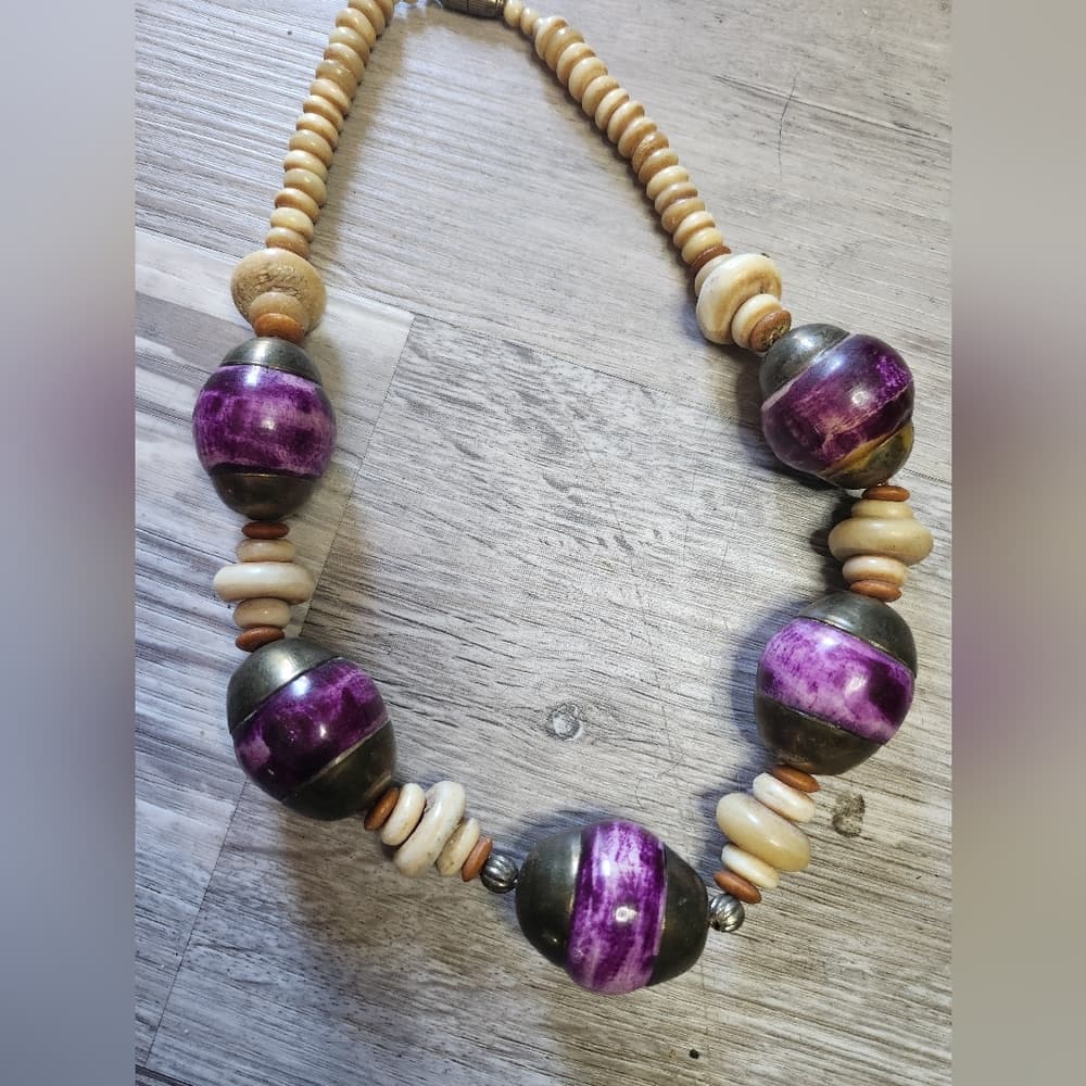Vintage Chunky Purple And Terra Cotta Shell Bone Beaded Necklace - Thumbnail 4