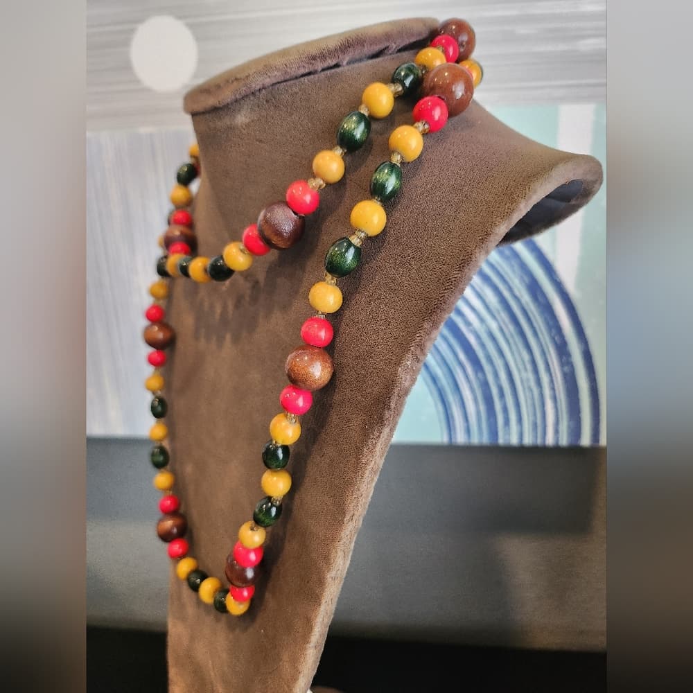 Vintage Wooden Multicolor Beaded Long Layering Necklace - Thumbnail 3