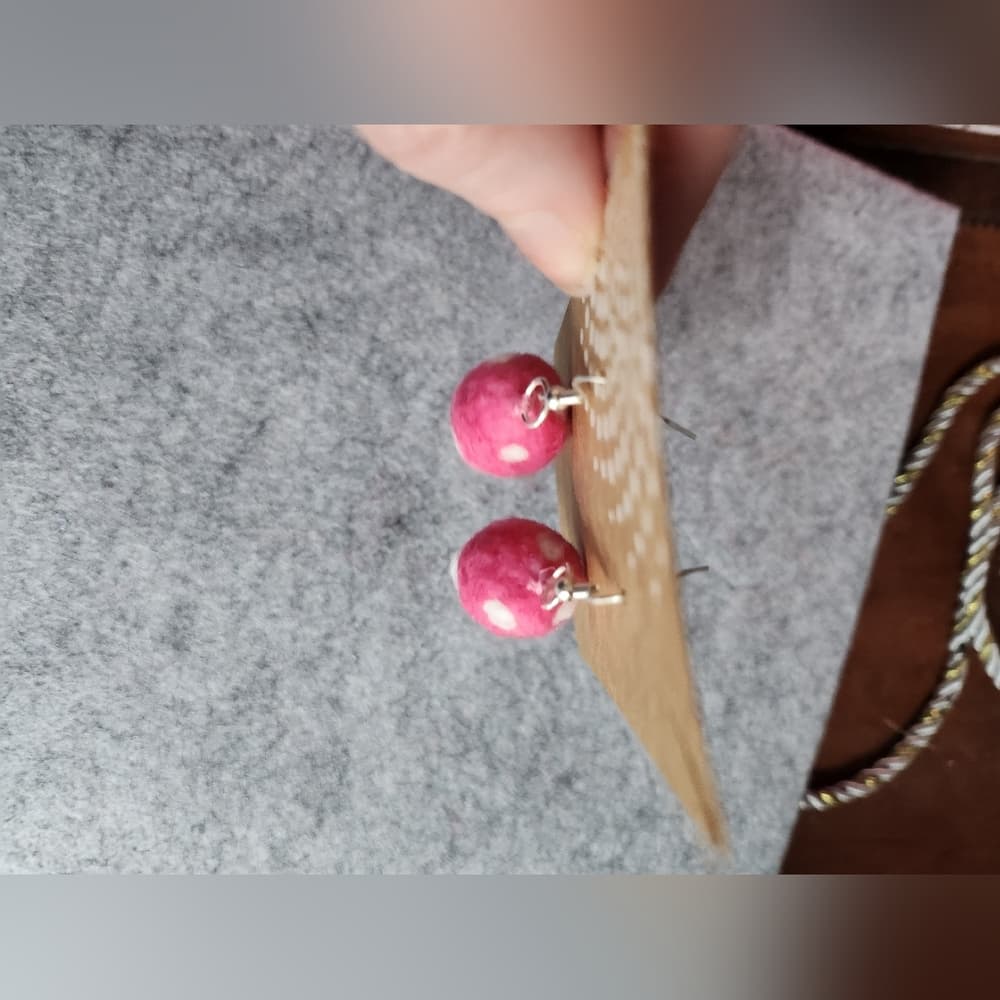 Vibrant Pink and White Polka Dot Needlefelted Handmade Mushroom Earrings - Thumbnail 4