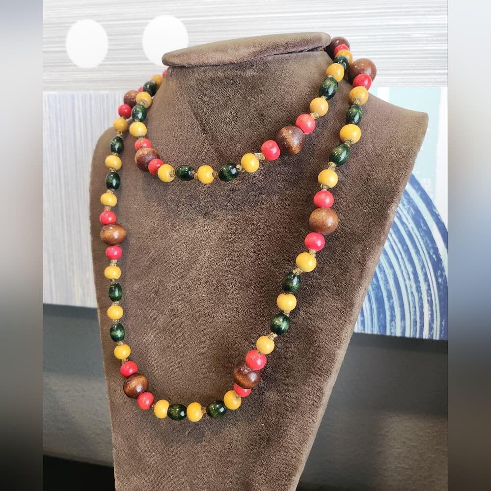 Vintage Wooden Multicolor Beaded Long Layering Necklace - Thumbnail 4